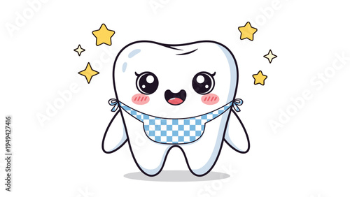 Adorable cartoon tooth with large eyes and a blue checkered bib surrounded by golden sparkling stars on a white background.