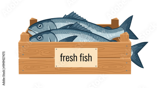 Two large fresh blue fish in a rustic wooden crate labeled fresh fish representing a catch from the sea or market seafood.
