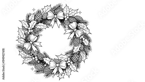 Intricate black and white line art illustration of a traditional Christmas wreath decorated with pine cones holly leaves and ribbons.
