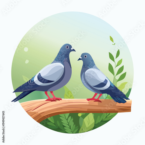 Two blue pigeons perched on a branch with green foliage illustration