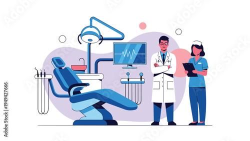 Modern dental clinic interior with a professional dentist and nurse standing next to a blue dental chair and medical equipment.