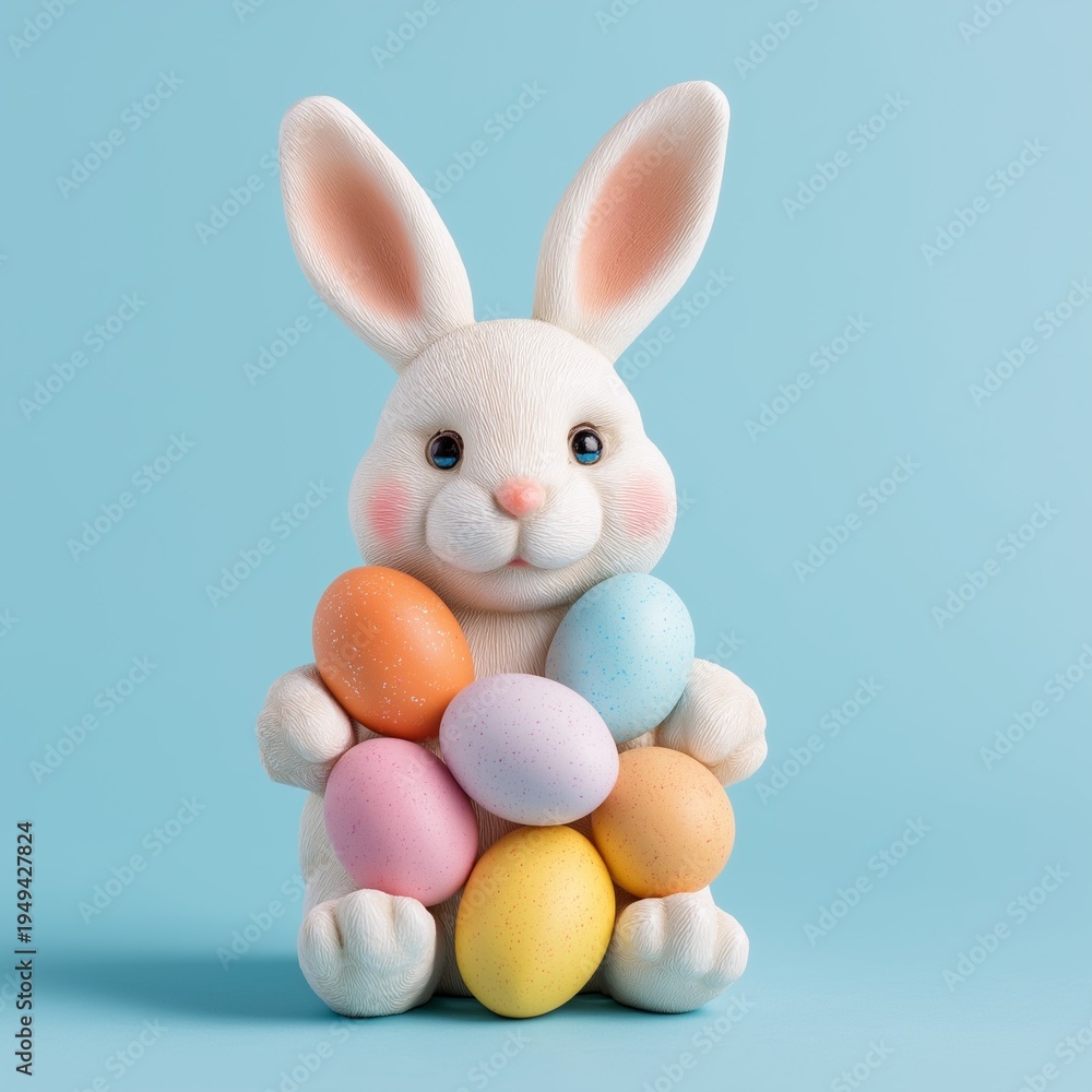 Obraz premium Cute white Easter bunny figurine holding colorful pastel eggs on soft blue background.