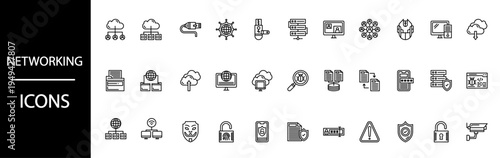 Collection of modern line art icons representing essential computer networking concepts and security