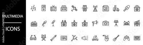 Collection of simple black line icons representing various multimedia and entertainment concepts