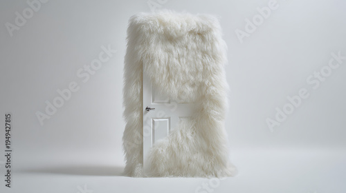 Surreal white door covered in fluffy faux fur texture standing isolated on white background