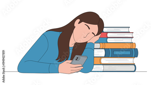 Tired young woman with long hair sleeping on her desk next to a large stack of books while still holding her smartphone.