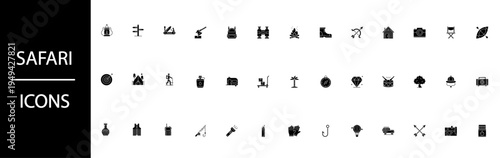 Modern black glyph icons for safari and outdoor adventure activities.