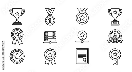 Collection of black and white award icons including trophies and medals