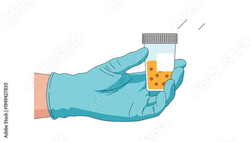 Medical professional wearing a blue sterile glove holding a plastic specimen container with a yellow urine sample.