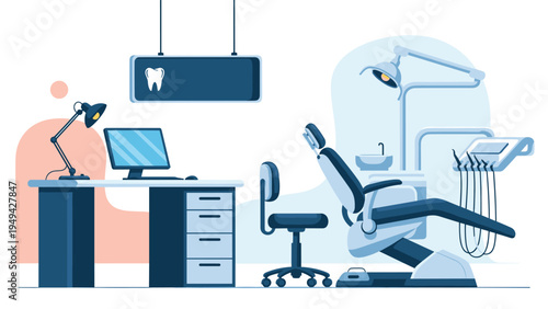 Modern interior of a dental clinic featuring a blue patient chair, professional lighting, and a computer desk setup.