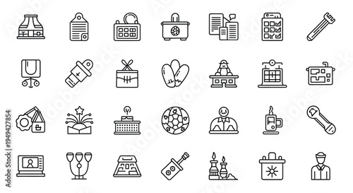 Collection of diverse line art icons representing various objects and concepts