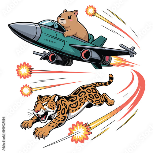 Groundhog pilot flying jet fighter plane dodging jaguar predator, animal action cartoon illustration
