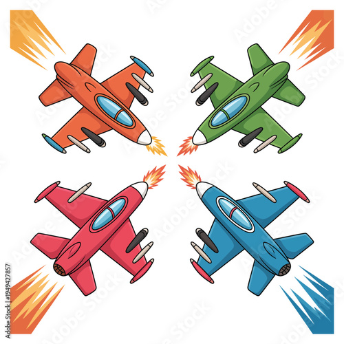 Four colorful fighter jets in aerial combat, abstract retro video game style with fiery exhaust trails and explosions