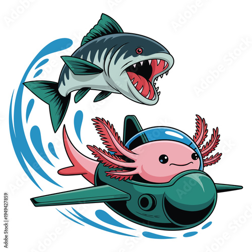 Happy axolotl in submarine plane chased by aggressive fish jumping from water splash, fun aquatic adventure scene