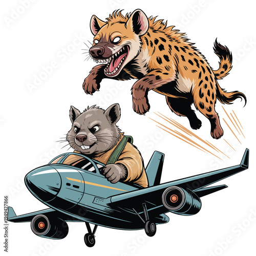 Hyena in midair jumps over meerkat driving airplane, hyena attacker and meerkat aviator, vector illustration