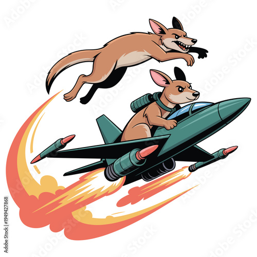 Kangaroo pilot flying jet plane with dingo chasing from sky cartoon vector illustration