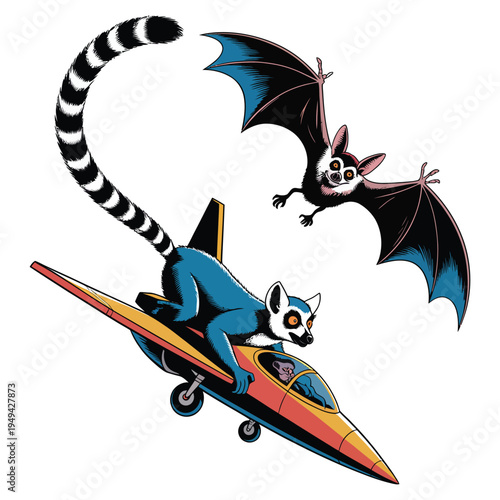 Lemur in jet plane pursued by bat, animal aerial chase cartoon illustration