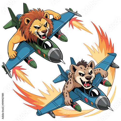 Lion and hyena in fighter jets dogfight, lions pilot, hyena pilot, missiles firing, explosions, flames vector art