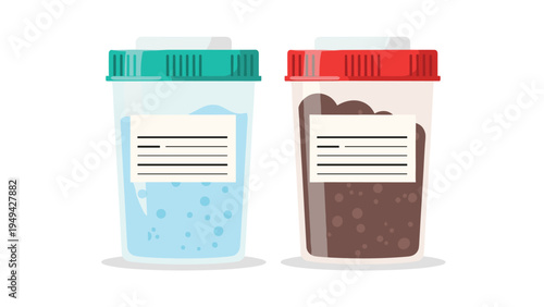 Two medical specimen jars with different types of samples labeled for laboratory analysis and diagnostic testing.