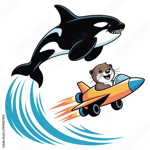 Otter in jet plane chased by killer whale breaching water, animal water and air chase illustration