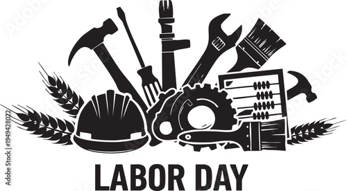 Labor day celebration with tools and wheat emblem