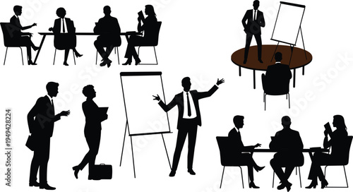 Business meeting and presentation silhouettes set, corporate teamwork discussion collaboration, office conference training strategy planning concept illustration