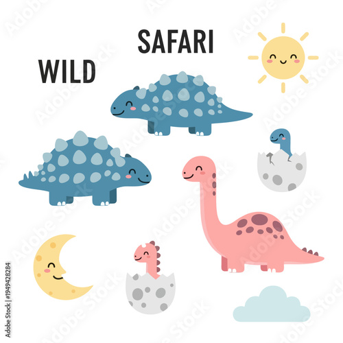 Colorful cartoon dinosaurs standing together.