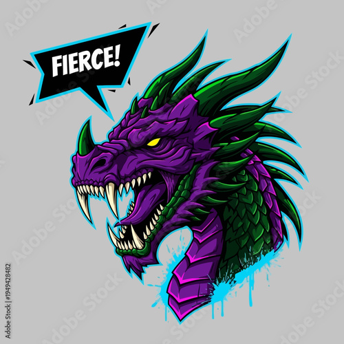 Fierce purple dragon head illustration.