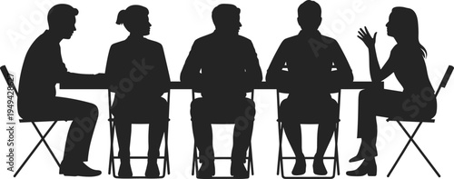 Business meeting discussion team collaboration people sitting conference communication teamwork corporate office group silhouette flat vector illustration design