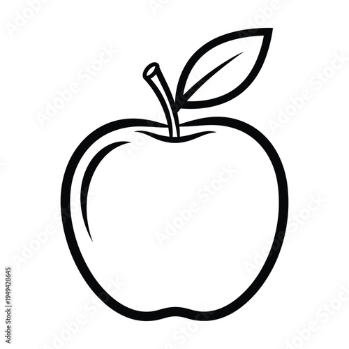 Simple Black and White Line Art Icon of an Apple with a Leaf