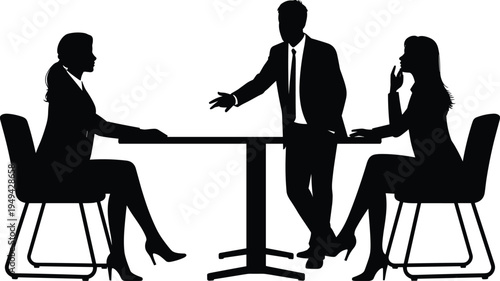business meeting discussion, corporate teamwork concept, office negotiation scene, professional people collaboration, leadership conversation, c swomen and businessman silhouette