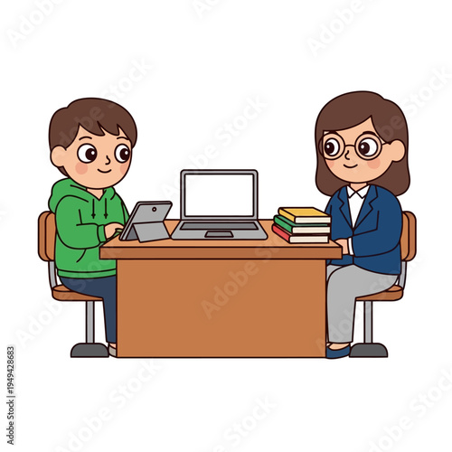 Two people sitting at a desk.