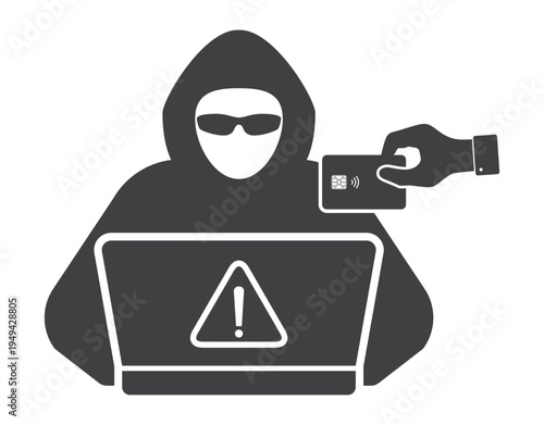 hacker work at laptop computer and hand gives credit card icon.