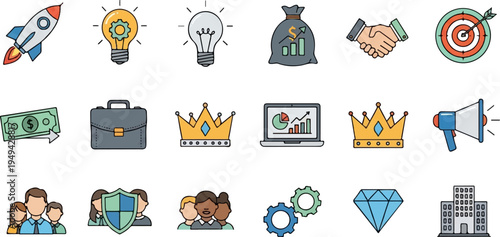 Collection of business and success related icons including rocket lightbulb money bag handshake target cash briefcase crown laptop megaphone team shield gears diamond and building.