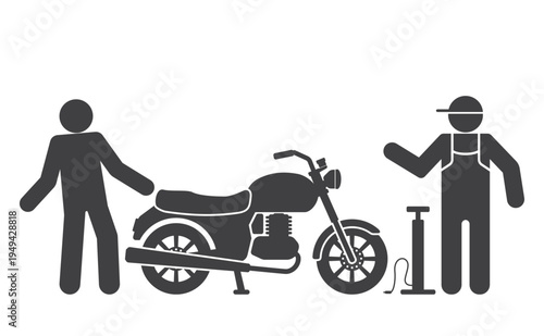 repairman with hand pump repair tire of motorcycle icon