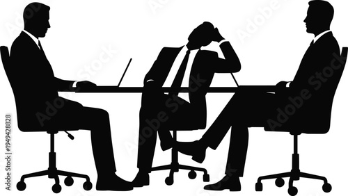 Business meeting discussion, stressed manager with colleagues at office table, corporate teamwork conversation, professional workplace negotiation silhouette concept