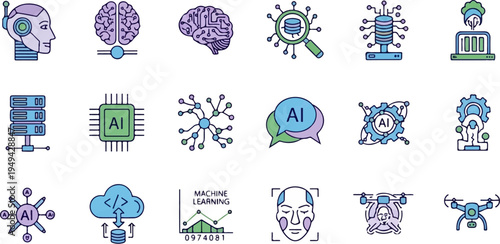 Artificial Intelligence and Machine Learning Icon Set for Modern Technology 2.