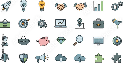 Collection of business and technology related icons in a flat design style.