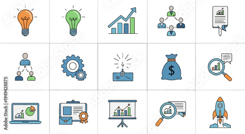 Business and finance icons set with lightbulbs charts and money bags.
