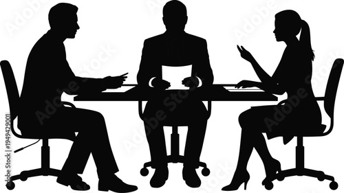 Business meeting interview silhouette, corporate manager discussing documents with candidates at office desk, professional recruitment conversation flat vector illustration