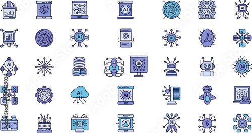 Collection of Artificial Intelligence and Machine Learning Icons in Blue and Purple Tones.