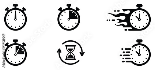 Stopwatch and Timer Icon Set with Speed, Countdown, Hourglass, and Motion Symbols, Simple Clock and Fast Action Time Management Concepts for Schedule, Deadline, Delay, and Productivity Themes, Vector 