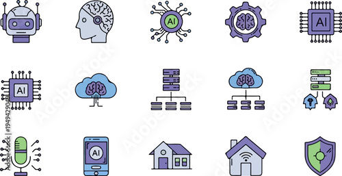 Artificial Intelligence and Smart Home Technology Icon Set.