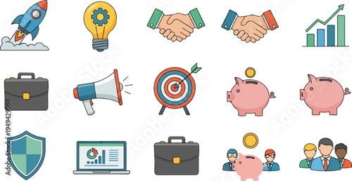 Business and Finance Icon Set with Rocket Lightbulb Handshake Briefcase Megaphone Target Piggy Bank Shield Laptop and People.