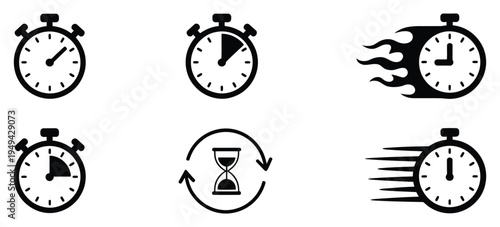 Stopwatch and Timer Icon Set with Speed, Countdown, Hourglass, and Motion Symbols, Simple Clock and Fast Action Time Management Concepts for Schedule, Deadline, Delay, and Productivity Themes, Vector 