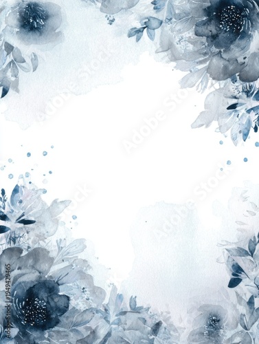 Dusty blue watercolor floral background with white flowers. Elegant botanical design for wedding invitations, greeting cards and feminine stationery.