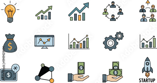 Collection of business and startup icons representing growth innovation and financial success.