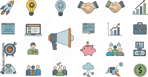 Comprehensive collection of business and startup themed icons.