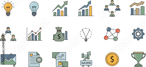 Business and Finance Icons Set with Lightbulbs Graphs Money Bags and Trophies.