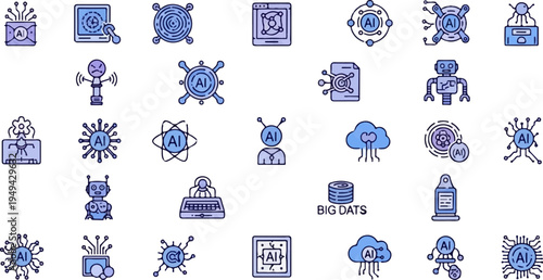 Artificial Intelligence and Big Data Technology Icons Set 3.